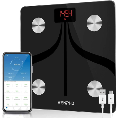 RENPHO Bluetooth Body Fat Scale Weight Bathroom Smart Digital Scale USB Rechargeable with Smartphone App, Body Composition Monitor for Body Fat, BMI,
