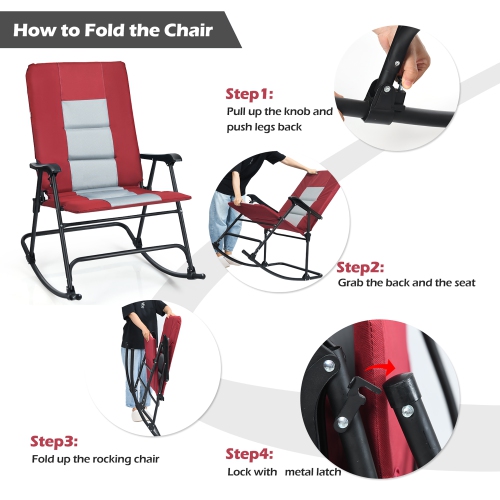 Costway Foldable Rocking Padded Chair Portable Camping Chair with Backrest Armrest