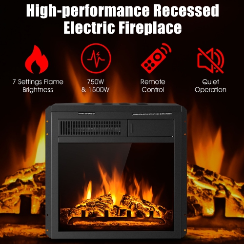 Costway 18'' Electric Fireplace Insert Freestanding & Recessed Heater Log Flame Remote