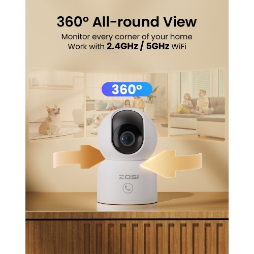 ZOSI C518 360° Pan/Tilt 2K 3MP WIFI Security IP Camera, Indoor Smart Home Surveillance, Pets/Baby Monitor, One-Click Call, AI Human Tracking, 2-Way