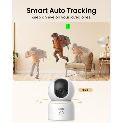 ZOSI C518 360° Pan/Tilt 2K 3MP WIFI Security IP Camera, Indoor Smart Home Surveillance, Pets/Baby Monitor, One-Click Call, AI Human Tracking, 2-Way