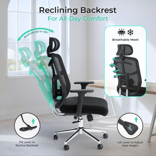 Fauteuil de bureau ergonomique SkyMesh MotionGrey, accoudoirs réglables, dossier haut filet, chaises d'ordinateur parfaites pour les bureaux de jeu à