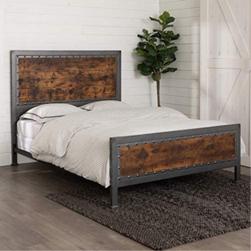 Industrial Queen Size Bed Brown, Rustic Wooden Queen Size Bed Frame With Headboard