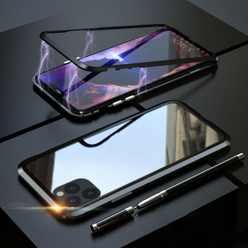 Couvercle magnétique en métal et en verre trempé transparent à 360° à l’avant et à l’arrière pour iPhone 12 Pro