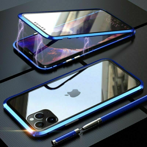 BRENDA Metal Magnetic Case with 360° Front & Back Clear Tempered Glass for iPhone 12 - Blue