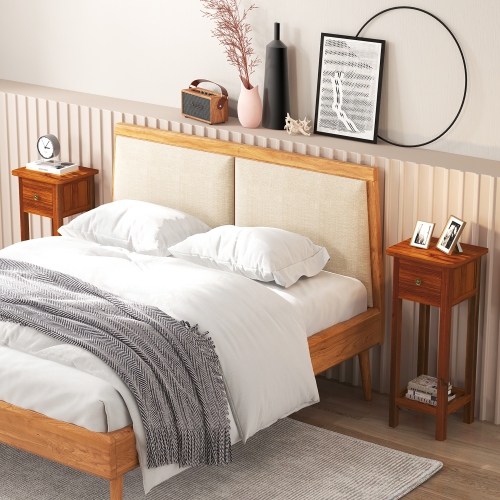 Gymax 2PCS Solid Wood Side Table Home Rectangular Sofa Side Table w/ Acacia Wood Top Telephone Table