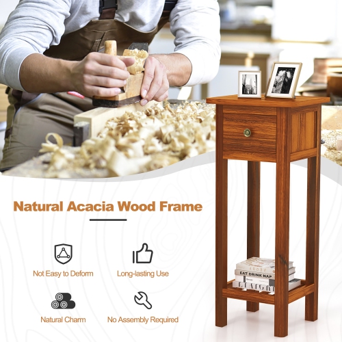Gymax 2PCS Solid Wood Side Table Home Rectangular Sofa Side Table w/ Acacia Wood Top Telephone Table