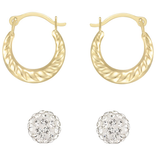 Le Reve Collection Kids' Creole Hoop & Crystal Ball Stud Earring Set in 10K Gold