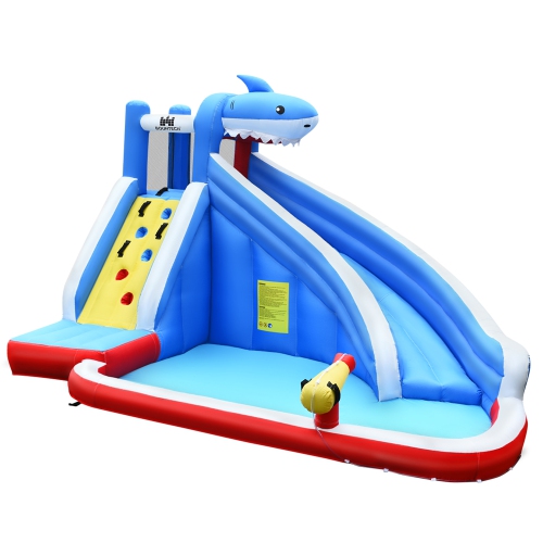 Gymax Inflatable Water Park Bounce House Slide Shark w/ Climbing Wall Splash Pool