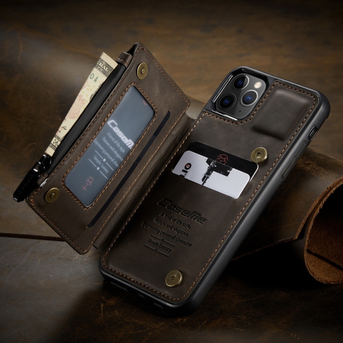 CASEME  Back Case Card Slot Retro Matte Synthetic Leather Wallet Zipper Stand Cover for Iphone 12 (Brown)