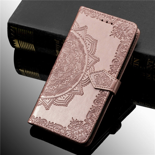 LEDEX  Luxury Embossed Mandala Floral Pattern Premium Pu Leather Flip Wallet Case Skyxd Luxury 3D for Iphone 12 (Rose Gold)