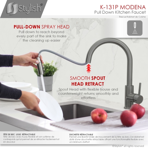 STYLISH Kitchen Sink Faucet Single Handle Pull Down Dual Mode Stainless Steel in GunMetal K-131P