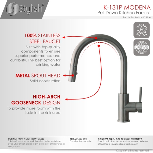STYLISH Kitchen Sink Faucet Single Handle Pull Down Dual Mode Stainless Steel in GunMetal K-131P