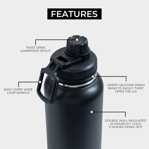 BOZ Stainless Steel Water Bottle XL - Gun Powder Black Wide Mouth, BPA Free, Vacuum Double Wall Insulated
