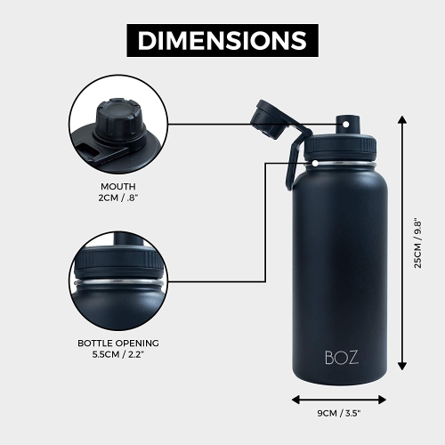 BOZ Stainless Steel Water Bottle XL - Gun Powder Black Wide Mouth, BPA Free, Vacuum Double Wall Insulated