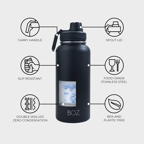 BOZ Stainless Steel Water Bottle XL - Gun Powder Black Wide Mouth, BPA Free, Vacuum Double Wall Insulated