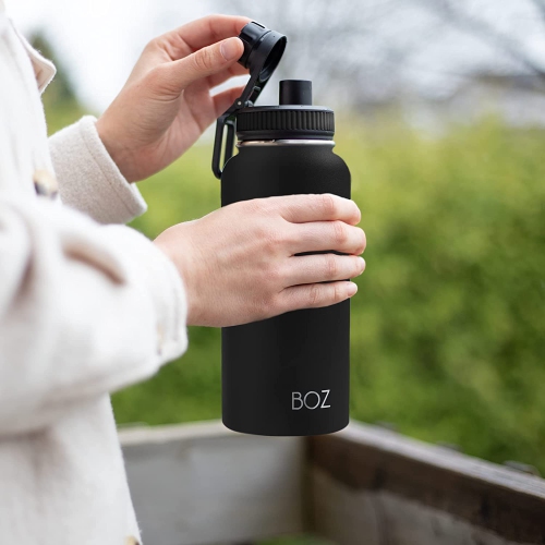BOZ Stainless Steel Water Bottle XL - Gun Powder Black Wide Mouth, BPA Free, Vacuum Double Wall Insulated