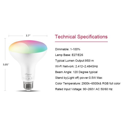 Apone Smart LED Colorful Light Bulb 13W, with Alexa and Google Assistant, Wireless WiFi App Control