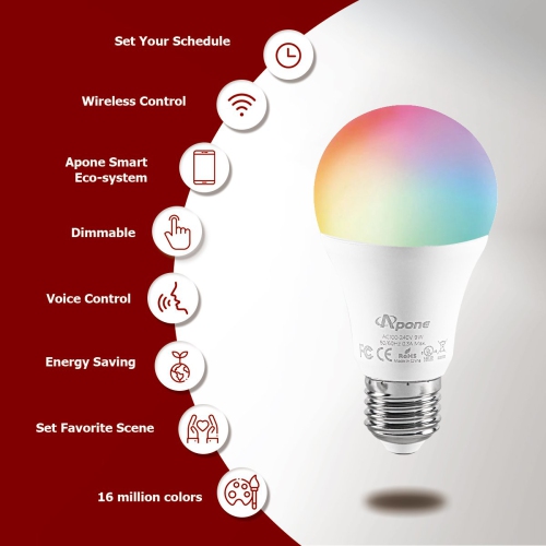 Apone Smart LightBulb RGB A19 E27 8W - 2 pack