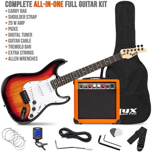 LyxPro Full Size Electric Guitar with 20w Amp, Package Includes All Accessories, Digital Tuner, Strings, Picks, Tremolo Bar, Shoulder Strap, and Case Bag Complete Beginner Starter kit Pack - Sunburst
