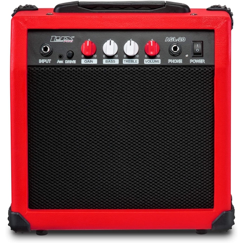 LyxPro Electric Guitar Amp 20 Watt Amplifier Built In Speaker Headphone Jack And Aux Input Includes Gain Bass Treble Volume And Grind - Red