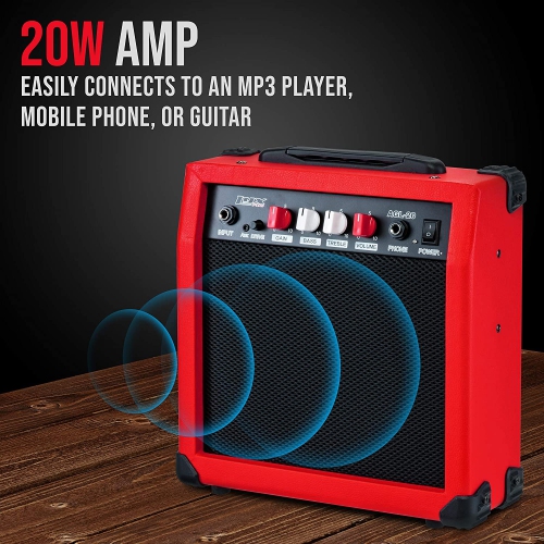 LyxPro Electric Guitar Amp 20 Watt Amplifier Built In Speaker Headphone Jack And Aux Input Includes Gain Bass Treble Volume And Grind - Red