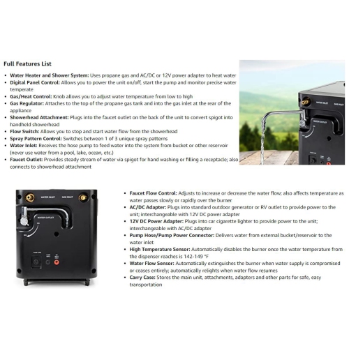 Radiateur portatif à eau au propane et pompe de douche de randonnée