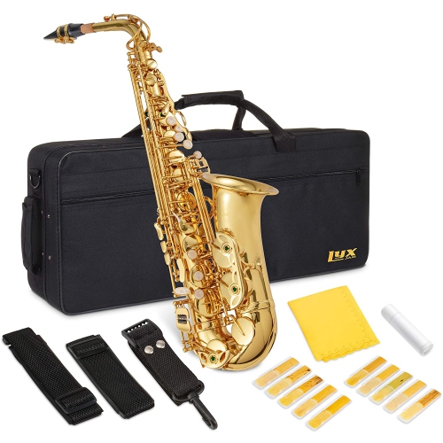 LyxJam Alto Saxophone “ E Flat Brass Sax Beginners Kit, Mouthpiece, Neck Strap, Cleaning Cloth Rod, Gloves, Cork Grease, Hard Carrying Case w/ Remova