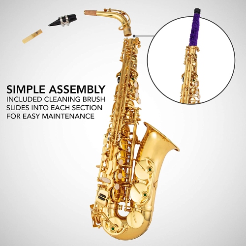 LyxJam Alto Saxophone “ E Flat Brass Sax Beginners Kit, Mouthpiece, Neck Strap, Cleaning Cloth Rod, Gloves, Cork Grease, Hard Carrying Case w/
