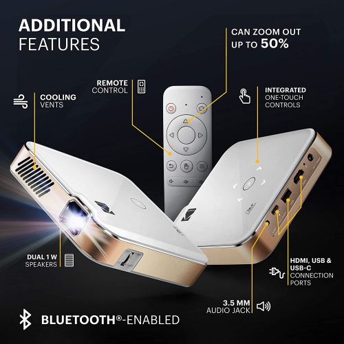 Kodak Luma 450 Portable Pico Smart Projector W/200 Lumens Wi-Fi, Bluetooth, Mini Home Theater - White