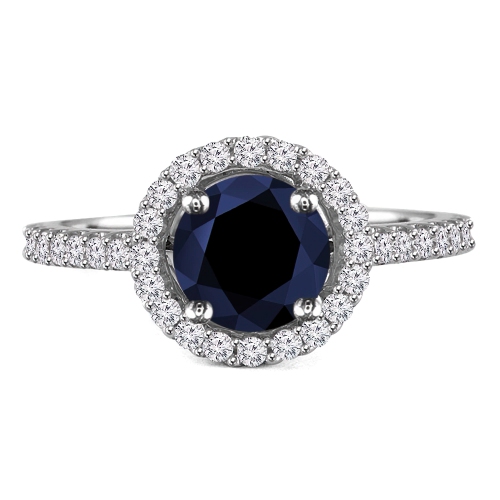 Bague de fiançailles halo saphir bleu rond et diamant rond 2 1/3 ct en or blanc 14K ct avec détails (MD… - Taille 4 à 9