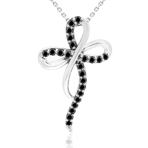 Collier en or blanc 14K ct avec pendentif en forme de croix, trèfle à taille ronde diamant noir 1/2 ct