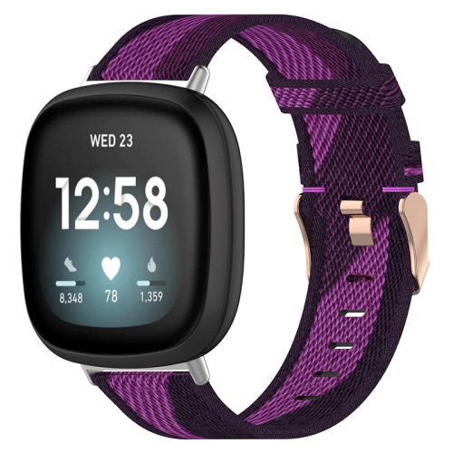 StrapsCo Woven Canvas Replacement Watch Band Strap with Rose Gold Buckle for Fitbit Versa 3 - Purple