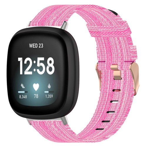 StrapsCo Woven Canvas Replacement Watch Band Strap with Rose Gold Buckle for Fitbit Versa 3 - Pink