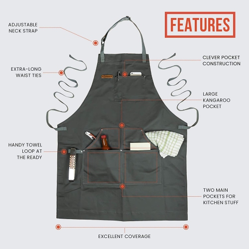 Chef Pomodoro Chef Apron - Top Recommended - Adjustable Pockets, Bibs - Designed for Home, Kitchen, BBQ, Grill Use