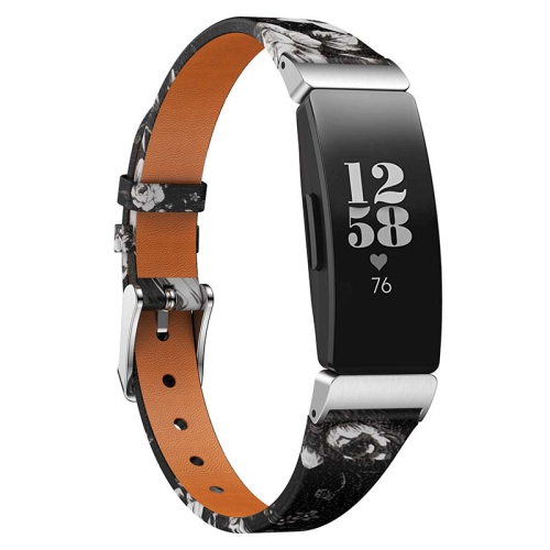 STRAPSCO  Leather Peonies Pattern Watch Band Strap for Fitbit Inspire & Inspire Hr - Black & In White