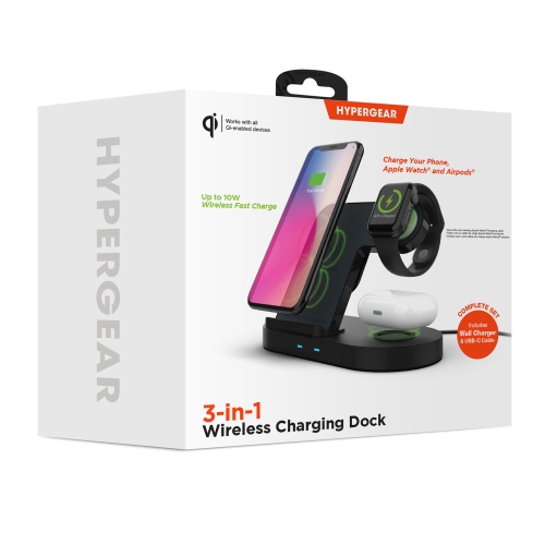 Hypergear 20W 3-in-1 Wireless Charging Dock for Phone, Watch & Wireless Headphones - Black