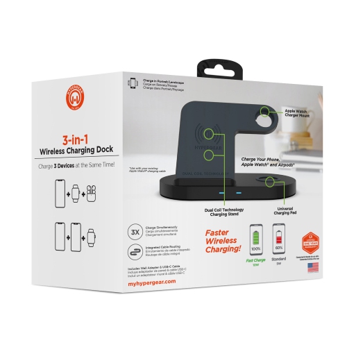 Hypergear 20W 3-in-1 Wireless Charging Dock for Phone, Watch & Wireless Headphones - Black