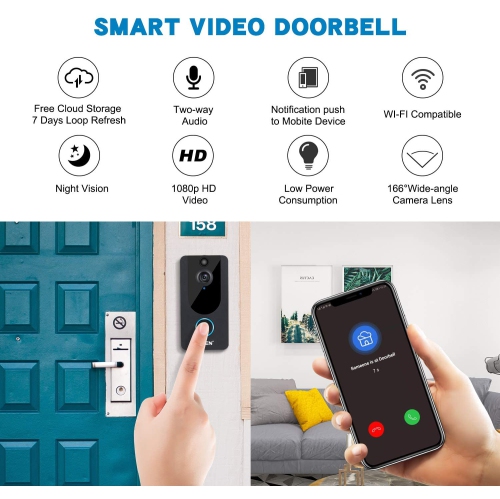 EKEN V7 // 1080p HD Smart Wi-Fi Video Doorbell avec une vision nocturne nette et nette et capteur de mouvement