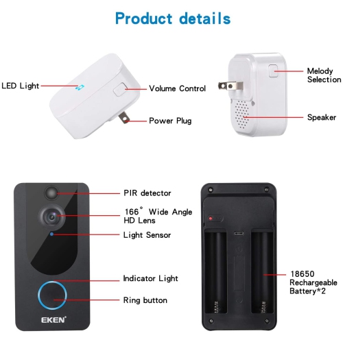 EKEN V7 // 1080p HD Smart Wi-Fi Video Doorbell avec une vision nocturne nette et nette et capteur de mouvement