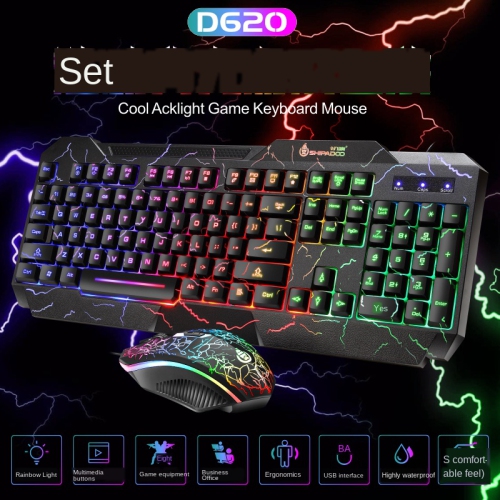 D620 RGB LED Backlit 104-Key Gaming Keyboard & Gaming Mouse Bundle Kit - Colorful Crack Design - USB Wired Keyboard and Mouse Combo Set