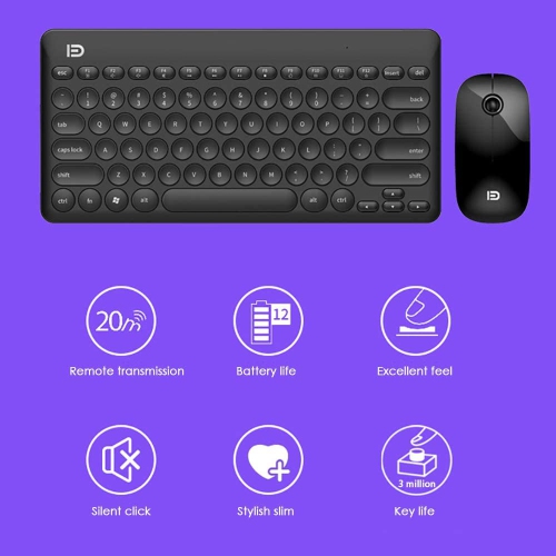 20m/66FT Ultra Slim Wireless Keyboard and Mouse combo kit, Bluetooth IK6620 2.4ghz Multimedia Keyboard and mice bundle Set Wireless Round Cap Button