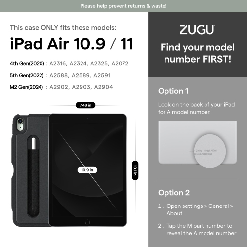 ZUGU Case iPad Air 11 2025, (M2) 2024, iPad Air 10.9 (4th Gen, 5th Gen) 2020 & 2022 - Black