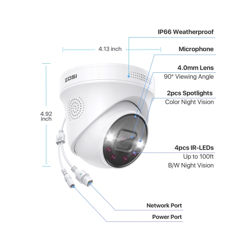 ZOSI 4K 8MP Add-On Wired PoE IP Security Camera for Outdoor Surveillance with 2-way Audio, Only Work with ZOSI PoE NVR Security System - 4 Packs