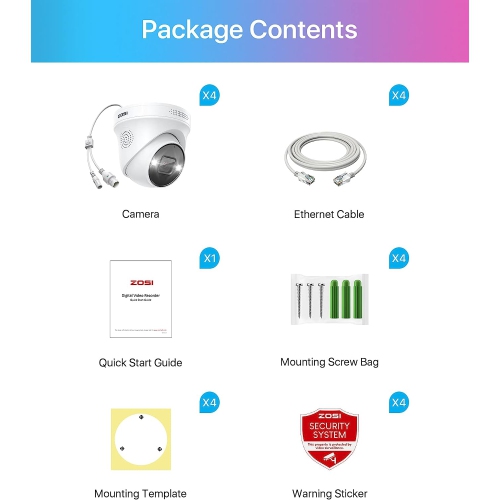 ZOSI 4K 8MP Add-On Wired PoE IP Security Camera for Outdoor Surveillance with 2-way Audio, Only Work with ZOSI PoE NVR Security System - 4 Packs