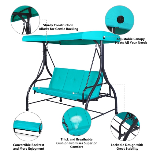 Costway Converting Outdoor Swing Canopy Hammock 3 Seats Patio Deck Furniture Turquoise