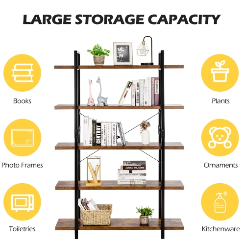 Costway 5-Tier Bookshelf Industrial Bookcase Open Storage Shelf Display Rack