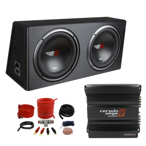 Cerwin Vega XE12DV loaded Dual 12" Subwoofer Ported Enclosure And Amplifier Package - Wiring Kit Included