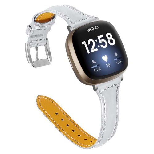 StrapsCo Bracelet de Montre Étroit en Cuir Véritable pour Fitbit Versa 3 - Argent