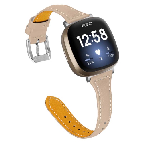 STRAPSCO  Slim Narrow Genuine Leather Watch Band Strap for Fitbit Sense - In Beige